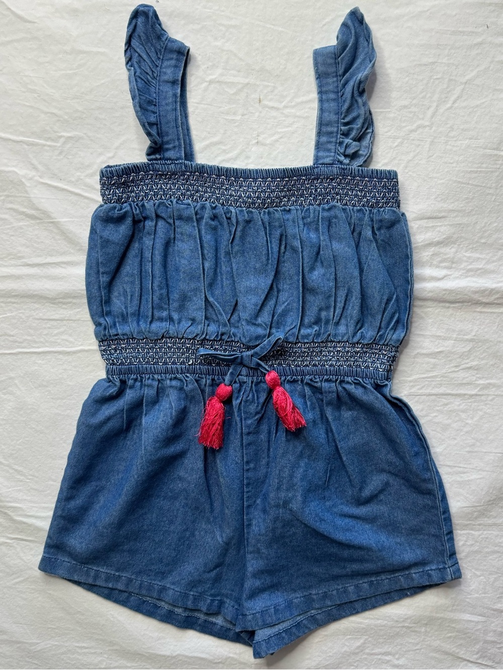 Vince Camuto - Girls Denim Romper with Pink Tassel Detail